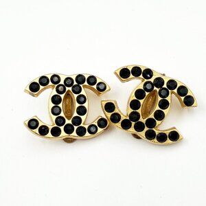 Chanel Vintage Gold Plated CC Black Crystal Clip on Earrings